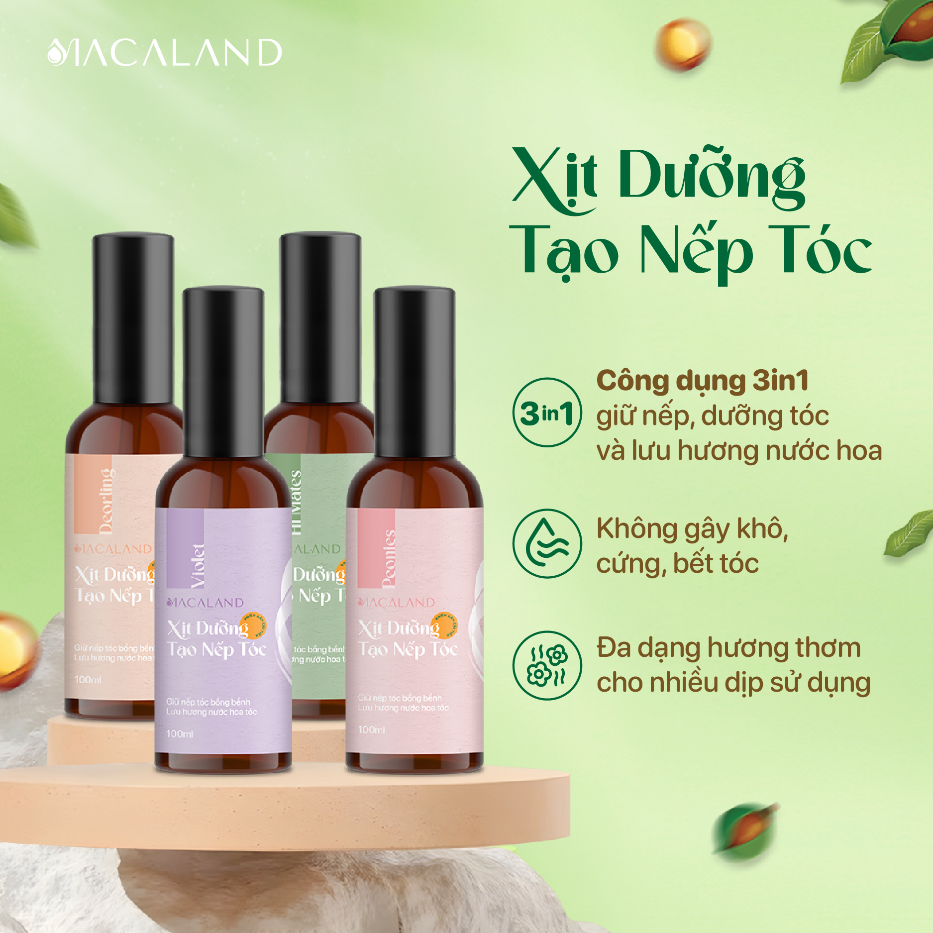 Xịt giữ nếp, tạo kiểu và dưỡng tóc hương nước hoa 100ml 3in1 MACALAND - AZAGO - Ảnh 2