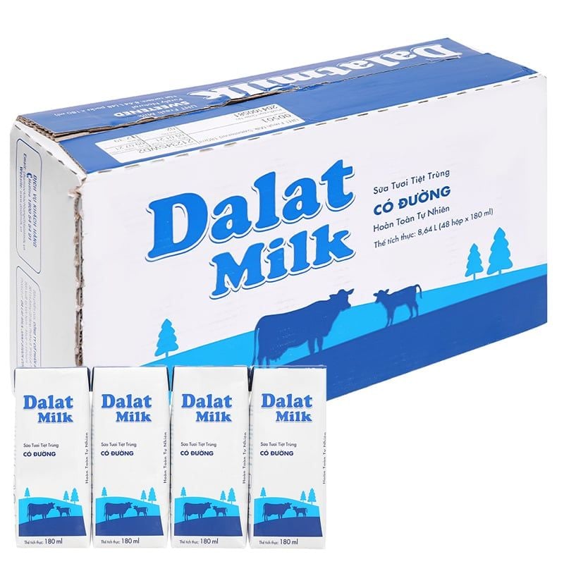Thùng 48 hộp Sữa tươi tiệt trùng Dalat Milk 180ml – Ít đường / Không đường / Có đường - AZAGO